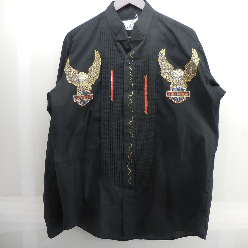 Vintage Chaplin Harley Davidson Embroidered‎ Tuxedo Shirt Black Mens Large Eagle